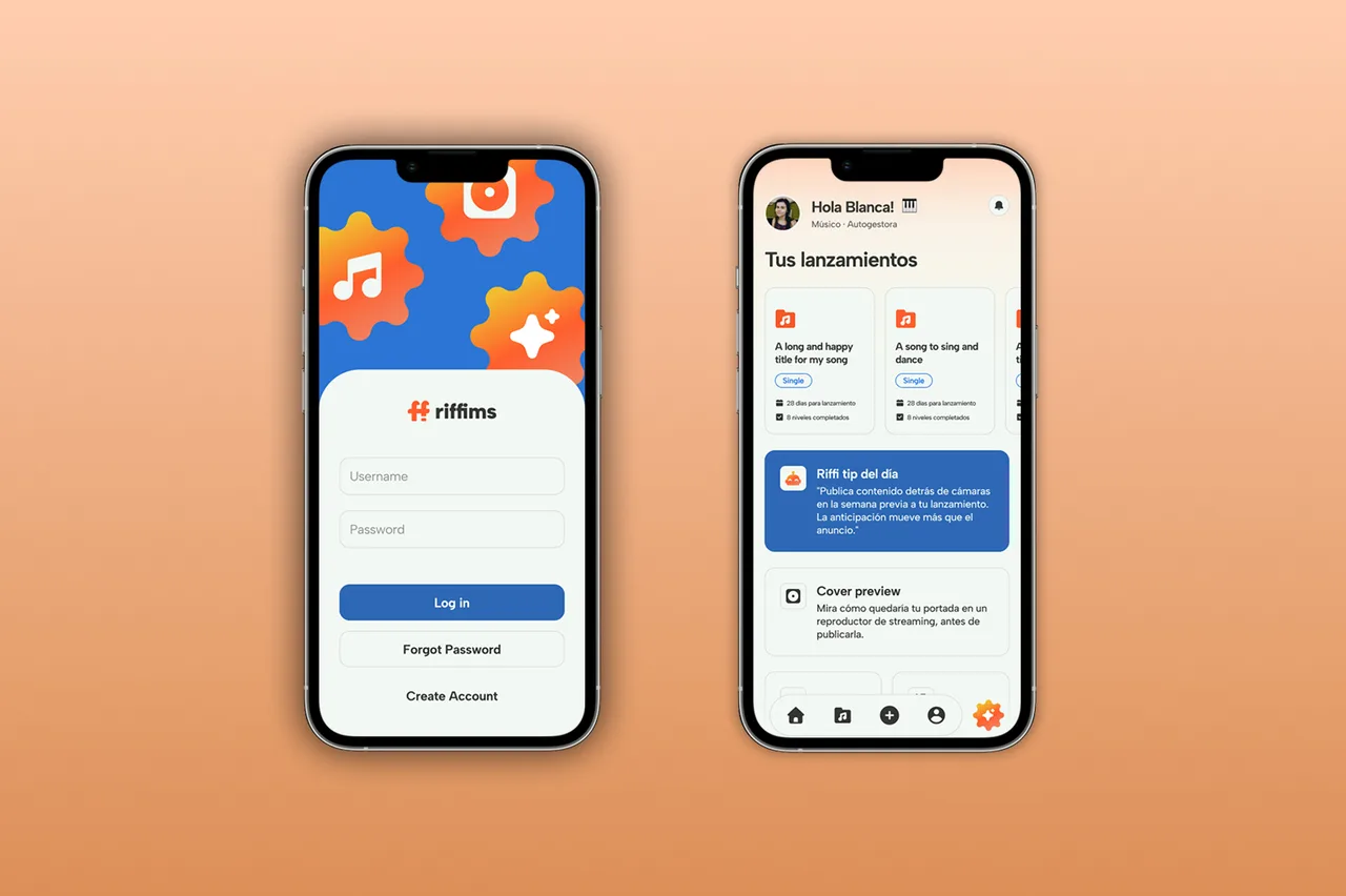 Riffims login screen and home with the mission path on mobile
